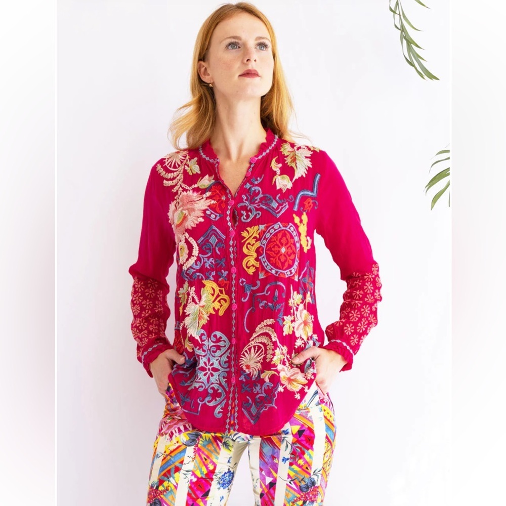 Johnny Was Maisie Bright Pink Embroidered Long Sleeve Blouse Boho Chic C17422